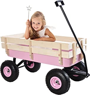 All Terrain Wagons for Kids Wagon with Removable Wooden Side Panels Garden Wagon Cart Heavy Duty with Steel Wagon Bed Folding Wagons for Kids/ Pets Ideal Gift for Kids for Halloween Christmas, Pink
