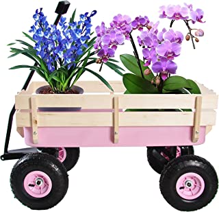 All Terrain Wagons for Kids Wagon with Removable Wooden Side Panels, Garden Wagon with Steel Wagon Bed, Folding Wagons for Kids/ Pets with Pneumatic Tires, Pink