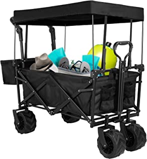 AthLike Collapsible Wagon Folding Garden Cart w/Removable Canopy, Extra Large Heavy Duty Portable Camping Beach Utilit Cart w/Adjustable Push Pull Handle, 7 Wide All-Terrain Wheel for Shopping Picnic