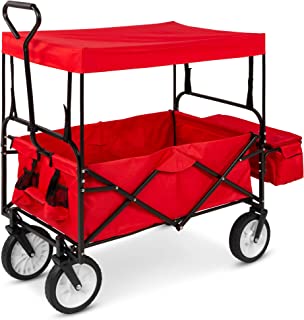 Best Choice Products Collapsible Folding Outdoor Utility Wagon with Canopy Garden Cart for Beach, Picnic, Camping, Tailgates w/Removable Canopy, Detachable Pockets, 150lb Weight Capacity - Red