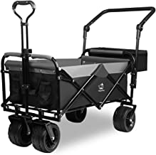 Collapsible Folding Wagon Cart Utility Wagon with Removable Rear Bag Adjustable Push Pull Handle, All Terrain Beach Wagon with Big Wheel for Sand, Heavy Duty Foldable Beach Cart for Sand (Black-Gray)