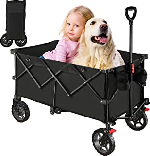 Collapsible Wagon Cart with Brakes, Heavy Duty Foldable Wagons, Folding Portable Utility Wagon, Outdoor Beach Wagon with Universal Wheels, Adjustable Handle Drink Holders for Sports, Shopping, Camping