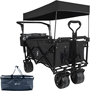 Collapsible Wagon Heavy Duty Folding Wagon Cart with Removable Canopy, 4 Wide Large All Terrain Wheels, Brake, Adjustable Handles,Cooler Bag Utility Carts for Outdoor Garden Wagons Carts Beach Cart
