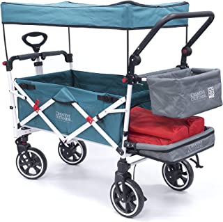 Creative Outdoor Push Pull Collapsible Folding Wagon Stroller Cart for Kids | Titanium Series Plus | Beach Park Garden & Tailgate (Solid Teal)