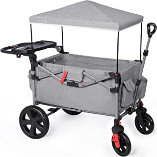 EVER ADVANCED Foldable Wagons for Two Kids & Cargo, Collapsible Folding Stroller with Adjustable Handle Bar,Removable Canopy with 5-Point Harness