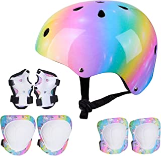 FIODAY Kids Helmet Knee Pads for Kids Unicorn Knee and Elbow Pads Wrist Guards Adjustable Protective Gear Set for Girls Boys Sports Skateboard Inline Skating Bike Cycling Scooter, Rainbow, 3-8 Years