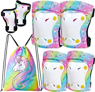 FIODAY Knee Pads for Kids Unicorn Knee Elbow Pads Wrist Guards with Drawstring Bag Adjustable Protective Gear Set for Girls Boys Inline Skating Bike Cycling Skateboard Scooter, 3-8 Years, Rainbow