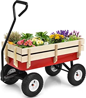 Giantex All Terrain Cargo Wagon Wood Railing Kids Children Garden Air Tires Outdoor Red