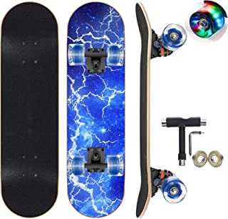 GIEEU Skateboards with Colorful Flashing Wheels for Beginners,Kids,Teens,Adults,31 x 8 Inch Complete Standard Skate Boards 9 Layer Canadian Maple Deck Concave Skateboard