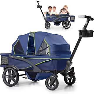 Gladly Family Anthem 4 Quad Wagon Stroller, All-Terrain Collapsible Wagon with Canopy for Kids, 4 Seater (Neon Indigo)