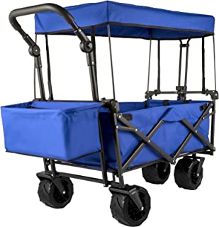 Happbuy Extra Large Collapsible Garden Cart with Removable Canopy, Folding Wagon Utility Carts with Wheels and Rear Storage, Wagon Cart for Garden, Camping, Grocery Cart, Shopping Cart, Blue