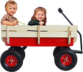 INLIFE Outdoor Heavy Duty Wagon All Terrain Pulling Wood Railing Air Tires Children Kid Garden Cart Red39.37x 19.3x 20.28 (LxWxH)