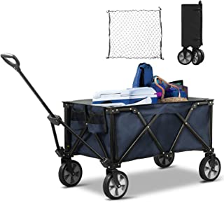 Joyside Collapsible Folding Wagon Cart Foldable Heavy Duty Collapsible Utility Wagon Cart with Wheels for Outdoor Camping, Adjustable Handle Foldable Wagon, Storage Bag and Net Included, Blue Wagon