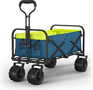 Knowlife Collapsible Wagon, Beach Wagon with Big Wheels for Sand, Beach Cart with Retractable Handle, Utility Wagon Cart Heavy Duty for Beach Shopping Sports, Blue