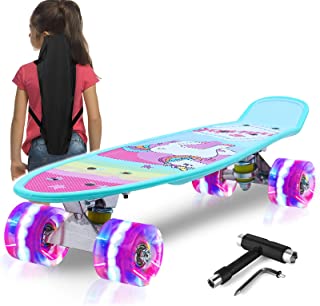 Kqpoinw Skateboards, 22 Complete Skateboard, Mini Cruiser Skateboard for Kids Boys Girls Teens Beginners with Colorful Flashing Wheels Skate Tool Tote Bag