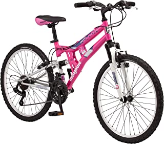 Mongoose Exlipse Full Dual-Suspension Mountain Bike for Kids, Featuring 15-Inch/Small Steel Frame and 21-Speed Shimano Drivetrain with 24-Inch Wheels, Kickstand Included, Pink