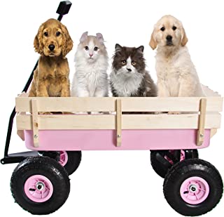 Pink Outdoor Sport Wagon All Terrain Pulling w/Removable Wooden Side Panels Air Tires, Big Foot Panel Garden Wagon, Sturdy All Steel Wagon Bed, Children Kid Garden Wagon Weight Capacity 176LB(Pink)