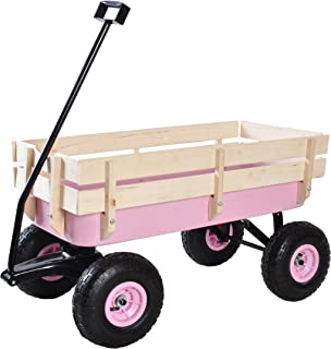 Sanch Ancha Heavy Duty Steel Wooden Side Support Cargo Wagon with 10 All-Terrain Air Tires, Up to 176lb Haul Capacity, Effortless Foldable Handle Cart for Towing Kids Toys, Gardening Supplies (Pink)