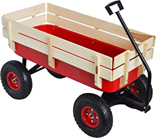 Sanch Ancha Heavy Duty Steel Wooden Side Support Cargo Wagon with 10 All-Terrain Air Tires, Up to 176lb Haul Capacity, Effortless Foldable Handle Cart for Towing Kids Toys, Gardening Supplies (Red)