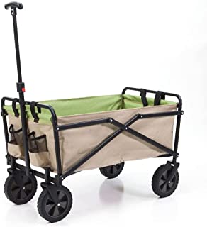 Seina Heavy Duty Steel Compact Collapsible Folding Outdoor Portable Utility Cart Wagon w/All Terrain Rubber Wheels and 150 Pound Capacity, Khaki/Green