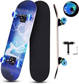 Skateboards for Beginners, 31 INCH Standard Complete Skateboard for Kids Boys Girls Adults Teens, 9 Layer Maple Wood Double Kick Concave Skate Board with LED Light Up Wheels