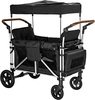 Stroller Wagon for 2 Kids, Wagon Cart Featuring 2 High Seat with 5-Point Harnesses and Adjustable Canopy, Foldable Double Push Bar Wagon Stroller for Garden, Stroller, Camping, Grocery Cart (Black)