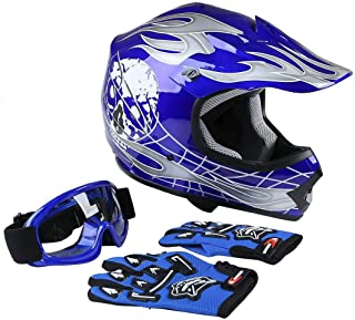TCMT Blue Kids Motorcycle Motocross ATV Dirtbike BMX MX Offroad Full Face Youth Helmet Gloves Goggles Dot Approved