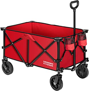 VIVOSUN Heavy Duty Folding Collapsible Wagon Utility Outdoor Camping Cart with Universal Wheels & Adjustable Handle, Red