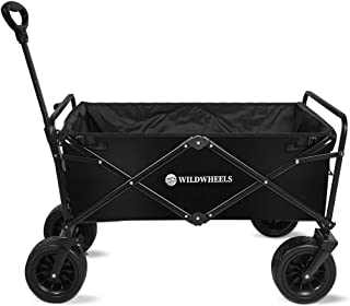 Wildwheel Folding Wagon Cart, Large Capacity Outdoor Wagon, Heavy Duty Multipurpose Wagon with Brake on Wheel, Easy Fold Wagon Wheels for Shopping, Sport, Camping (Black)