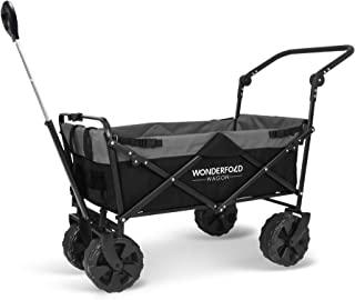 WONDERFOLD S2 Push & Pull Utility Folding Wagon with Wide Beach Tires Featuring Adjustable Push Handle, Telescopic Pull Handle with Spring Bounce Technology, and Storage Pouch, Black/Gray