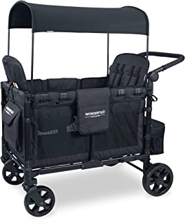 WONDERFOLD W4 Elite Quad Stroller Wagon Featuring 4 Face-to-Face Seats with 5-Point Harnesses, Adjustable Push Handle, and Removable UV-Protection Canopy, Volcanic Black