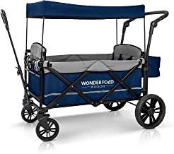 WONDERFOLD X2 Push & Pull Double Stroller Wagon (2 Seater) Featuring 5 Point Harnesses, Adjustable Push Handle, Telescopic Pull Handle, and Removable UV-Protection Canopy, Midnight Blue