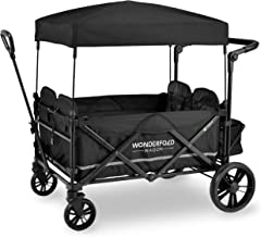 WONDERFOLD X4 Push & Pull Quad Stroller Wagon (4 Seater) Featuring Seats with 5-Point Harnesses, Adjustable Push Handle, and Adjustable/Removable UV-Protection Canopy, Stealth Black